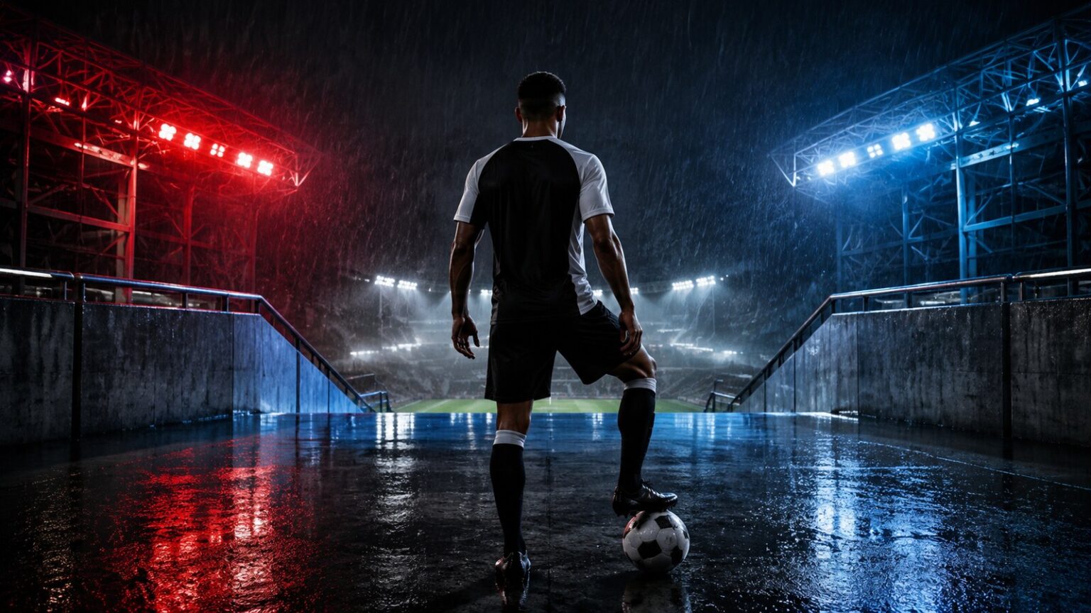 Fekete-fehér mezű balhátvéd vörös és kék stadionfények között – szerkesztőségi illusztráció