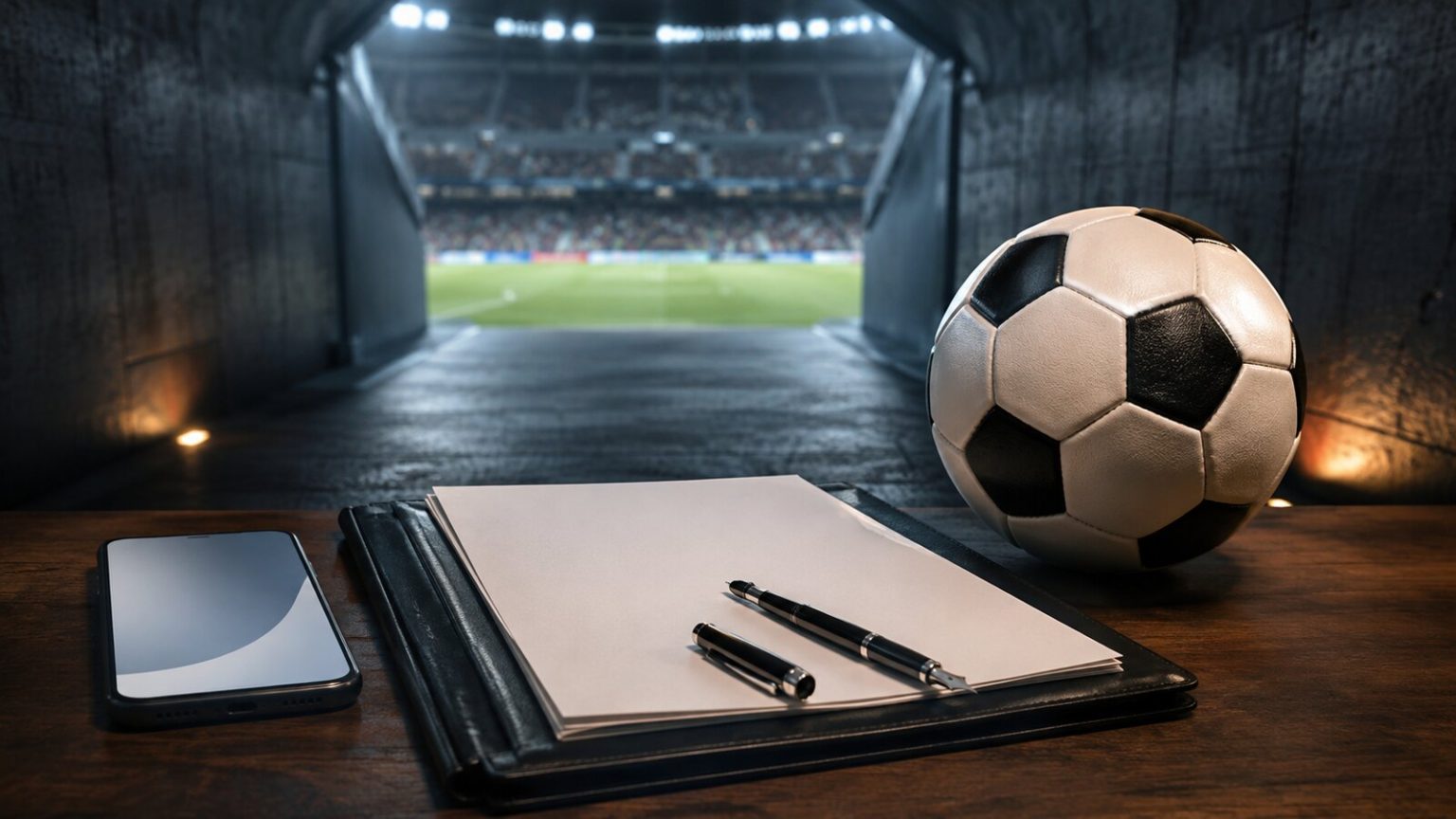 Labda, szerződés és telefon egy stadionalagútban – szerkesztőségi illusztráció az átigazolási időszakhoz