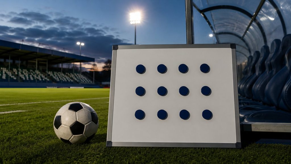 Tizenkét jelölő egy taktikai táblán, labdával és esti stadionnal – szerkesztőségi illusztráció